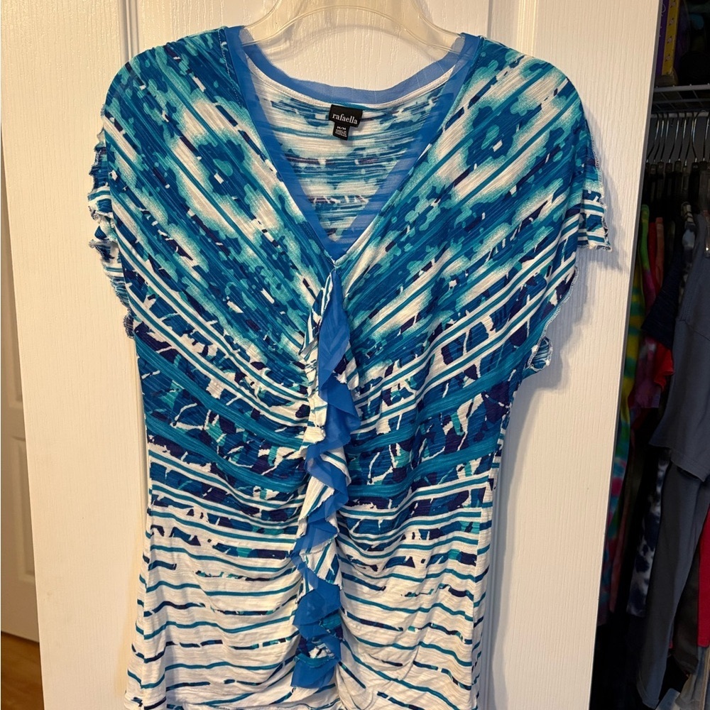 Rafaella Blue and White Ruffled Short Sleeve Blouse